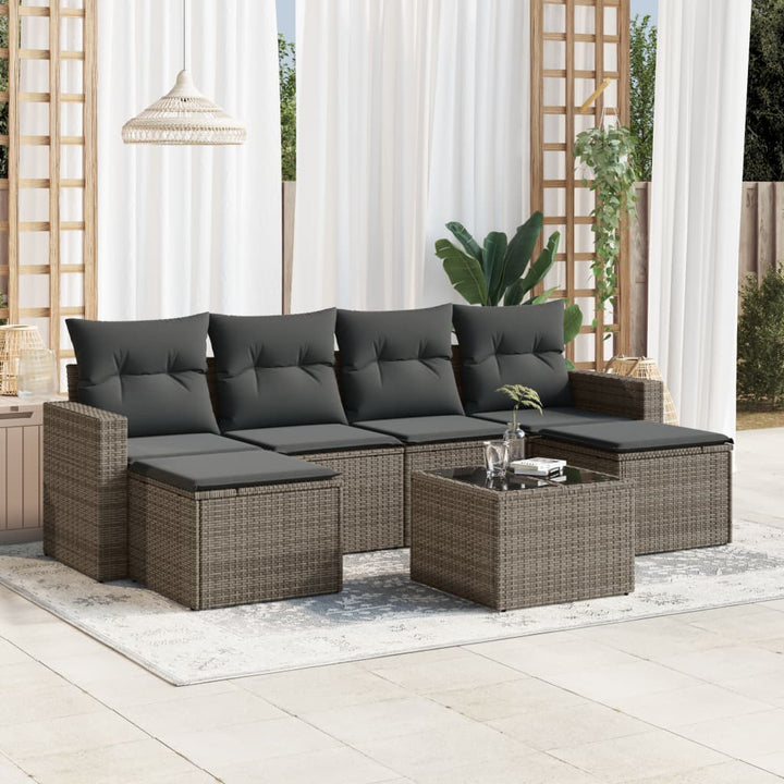 7-tlg. Garten-Sofagarnitur mit Kissen Grau Poly Rattan