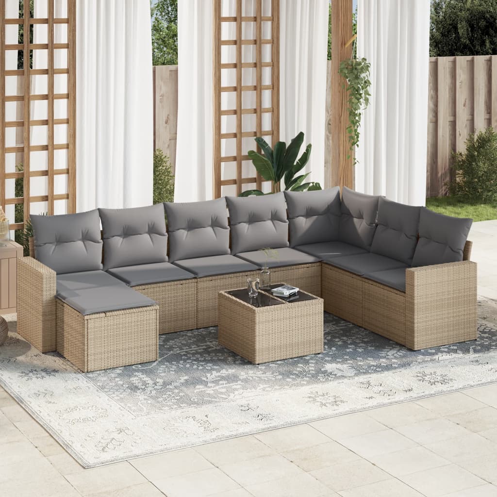 9-tlg. Garten-Sofagarnitur mit Kissen Beige Poly Rattan