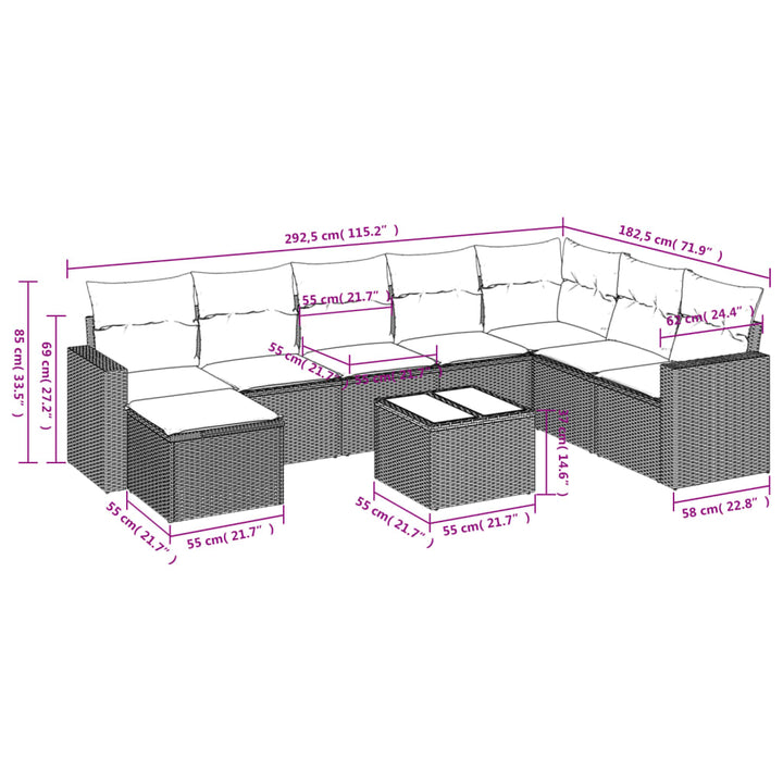 9-tlg. Garten-Sofagarnitur mit Kissen Braun Poly Rattan