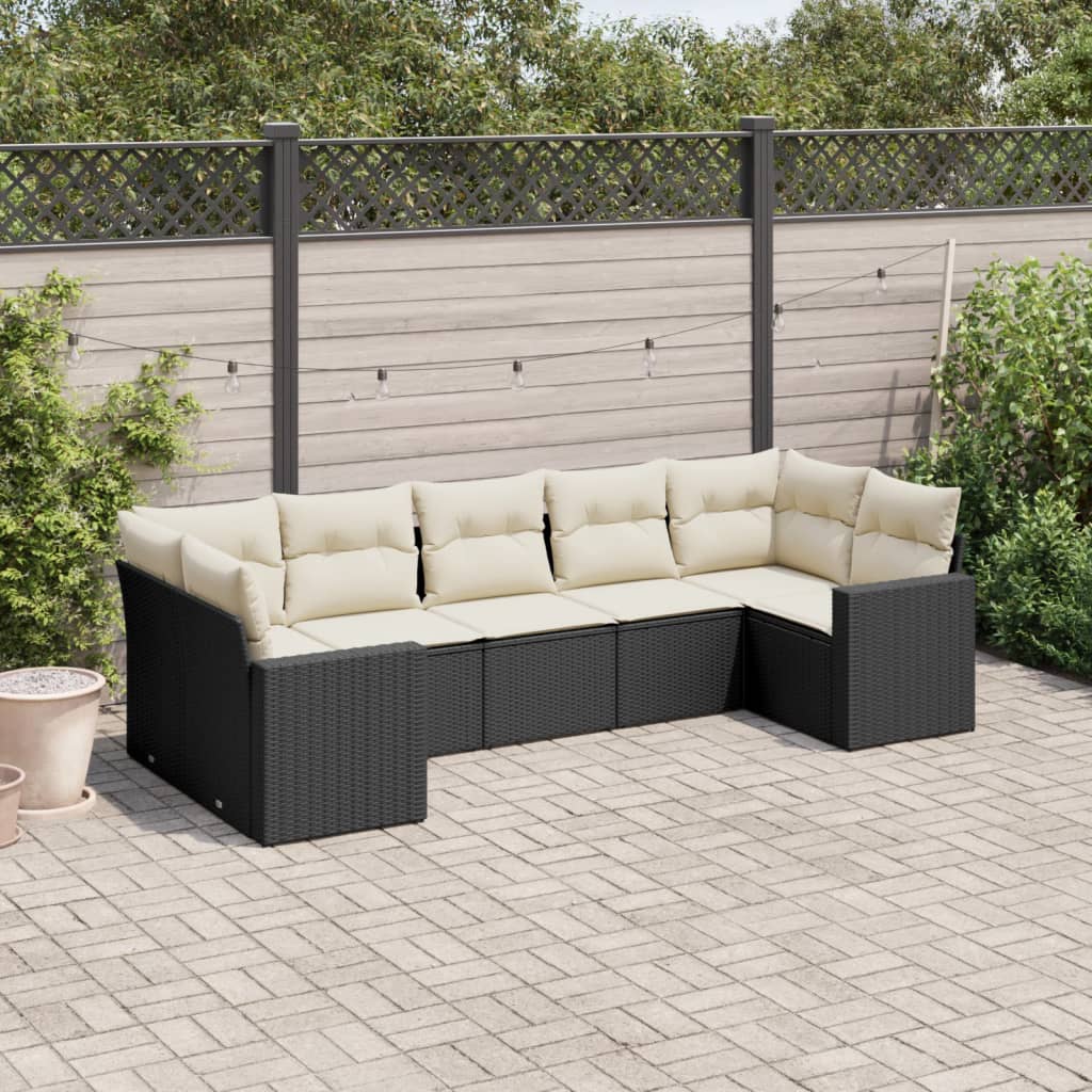 7-tlg. Garten-Sofagarnitur mit Kissen Schwarz Poly Rattan