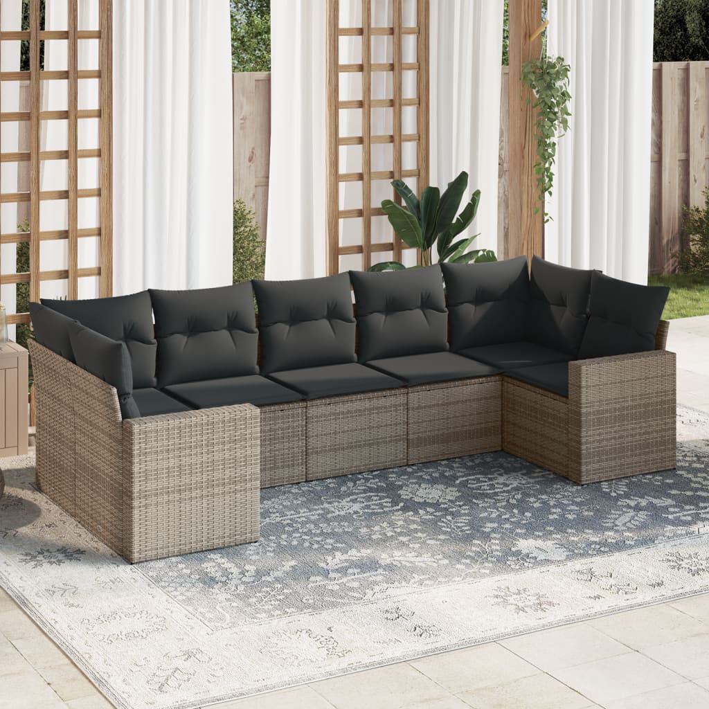 7-tlg. Garten-Sofagarnitur mit Kissen Grau Poly Rattan