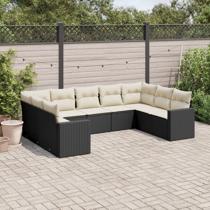 9-tlg. Garten-Sofagarnitur mit Kissen Schwarz Poly Rattan