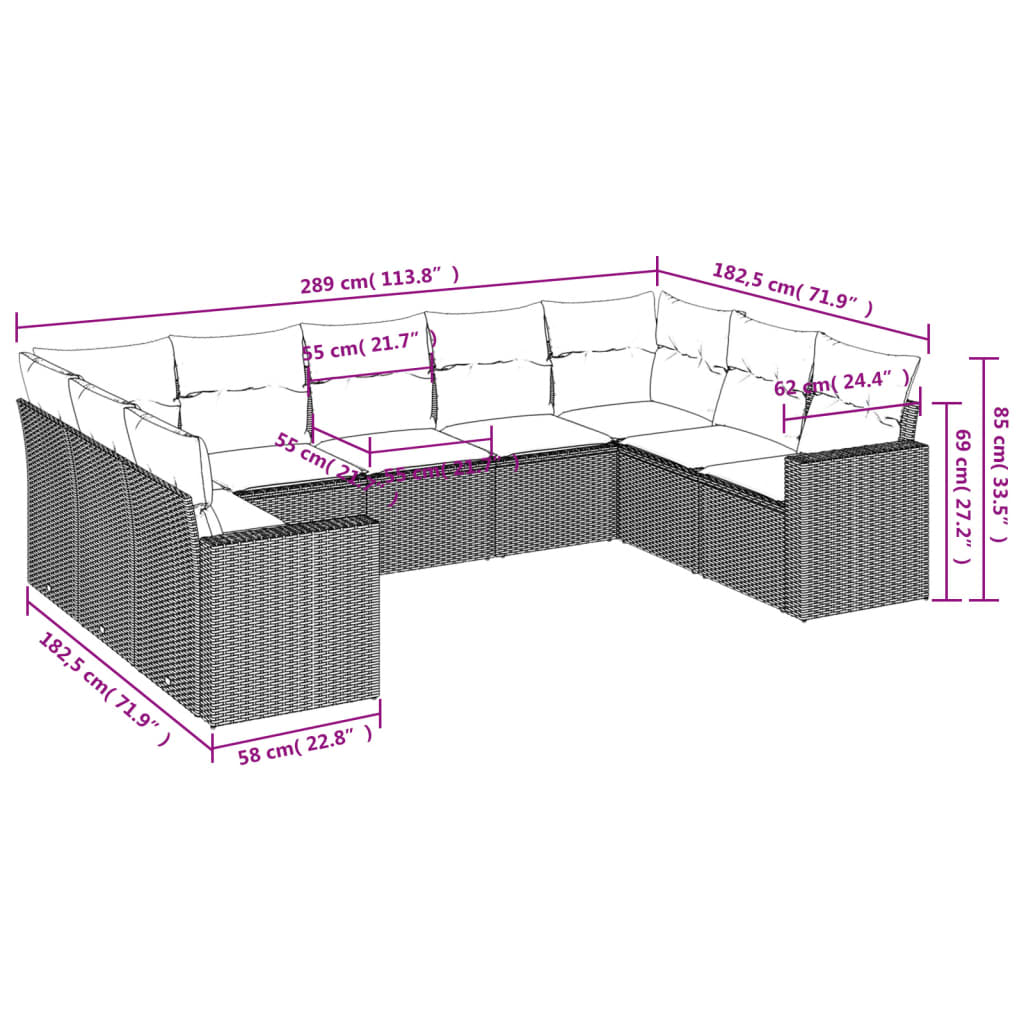 9-tlg. Garten-Sofagarnitur mit Kissen Hellgrau Poly Rattan