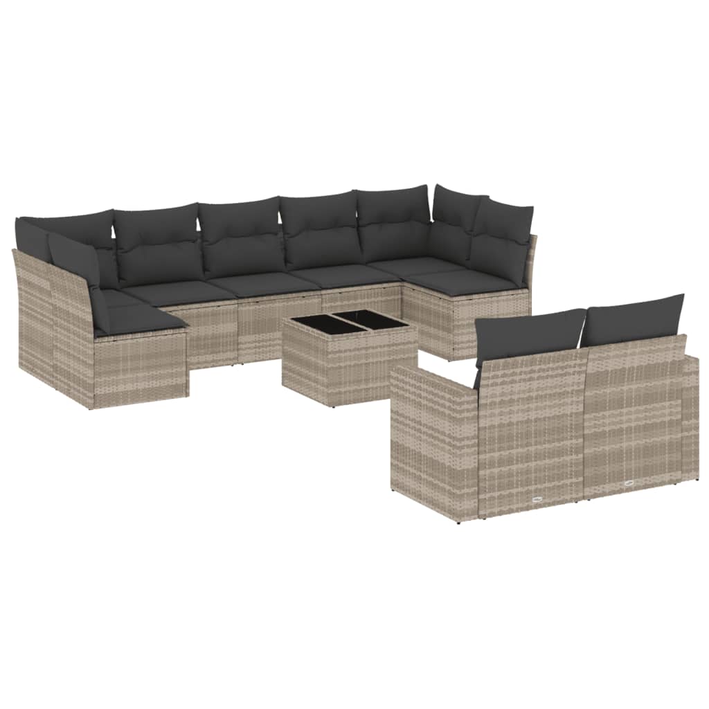 10-tlg. Garten-Sofagarnitur mit Kissen Hellgrau Poly Rattan