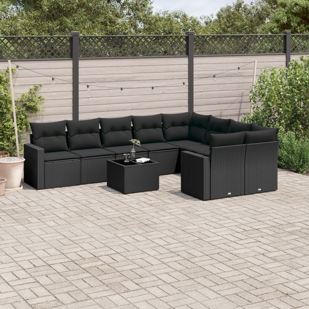 10-tlg. Garten-Sofagarnitur mit Kissen Schwarz Poly Rattan