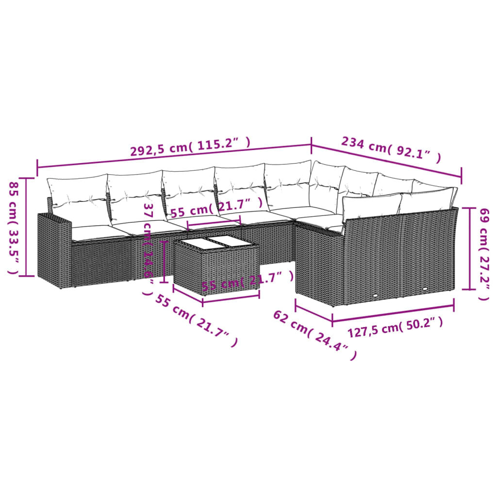 10-tlg. Garten-Sofagarnitur mit Kissen Braun Poly Rattan