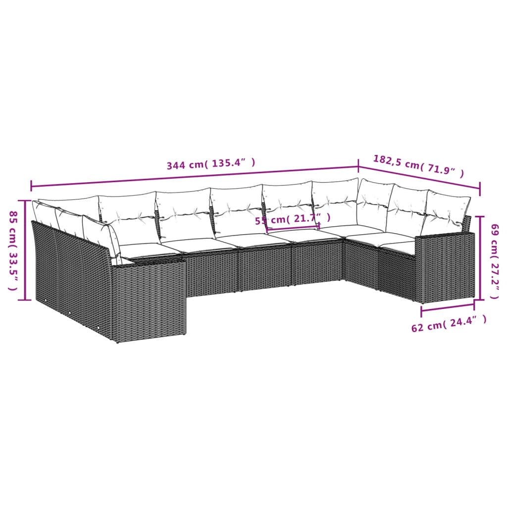 10-tlg. Garten-Sofagarnitur mit Kissen Hellgrau Poly Rattan