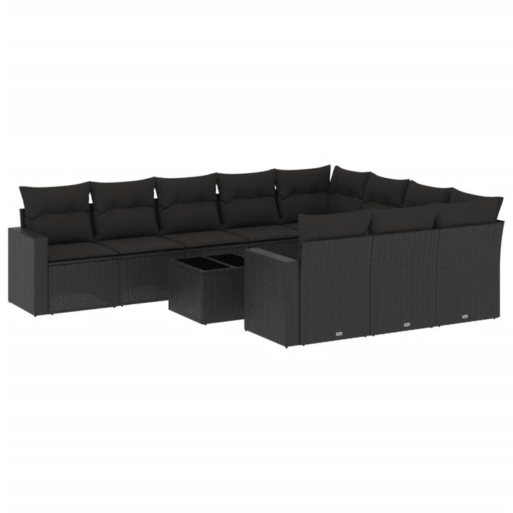 11-tlg. Garten-Sofagarnitur mit Kissen Schwarz Poly Rattan