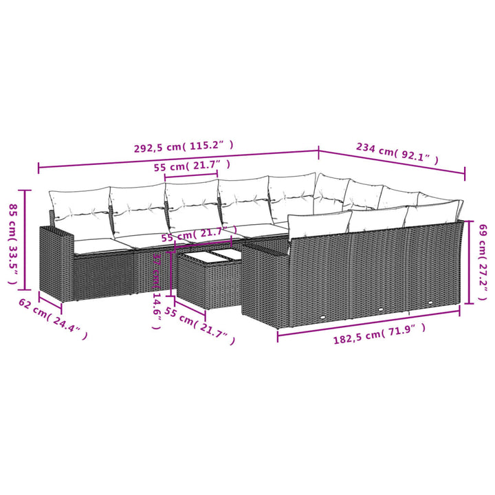 11-tlg. Garten-Sofagarnitur mit Kissen Schwarz Poly Rattan