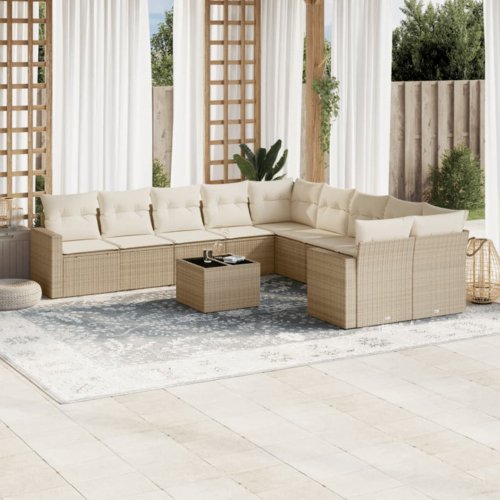 11-tlg. Garten-Sofagarnitur mit Kissen Beige Poly Rattan