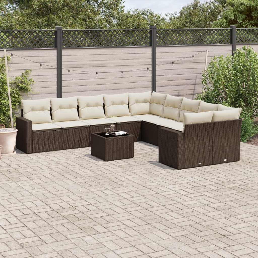 11-tlg. Garten-Sofagarnitur mit Kissen Braun Poly Rattan