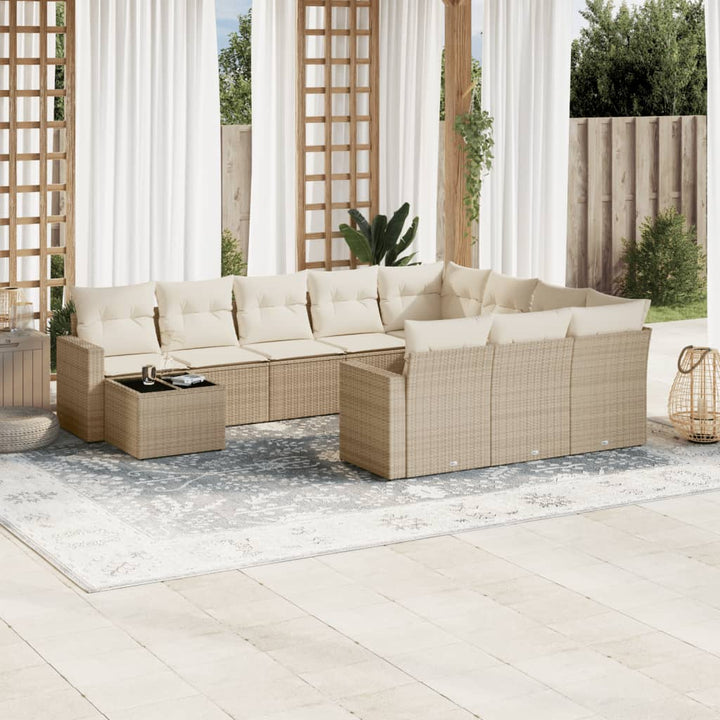 11-tlg. Garten-Sofagarnitur mit Kissen Beige Poly Rattan