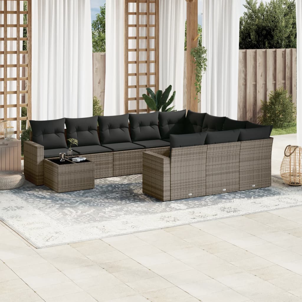 11-tlg. Garten-Sofagarnitur mit Kissen Grau Poly Rattan