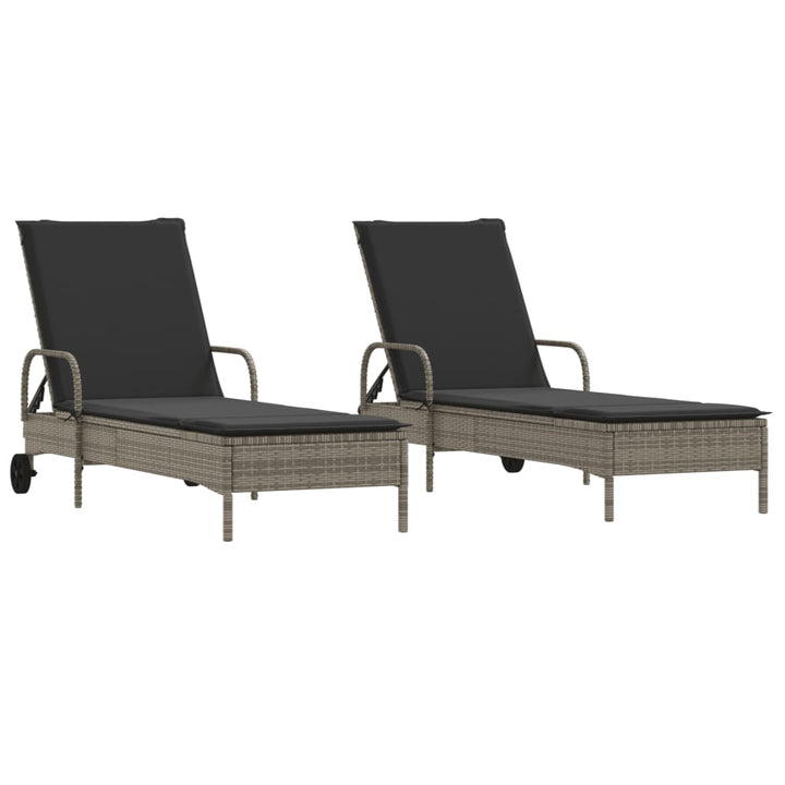 Sonnenliegen mit Auflagen 2 Stk. Grau Poly Rattan