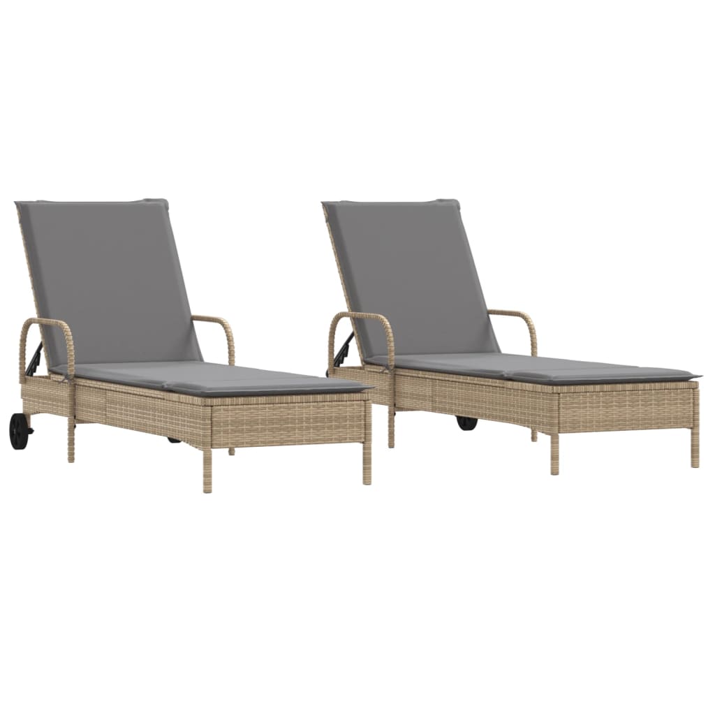 Sonnenliegen mit Auflagen 2 Stk. Beige Poly Rattan