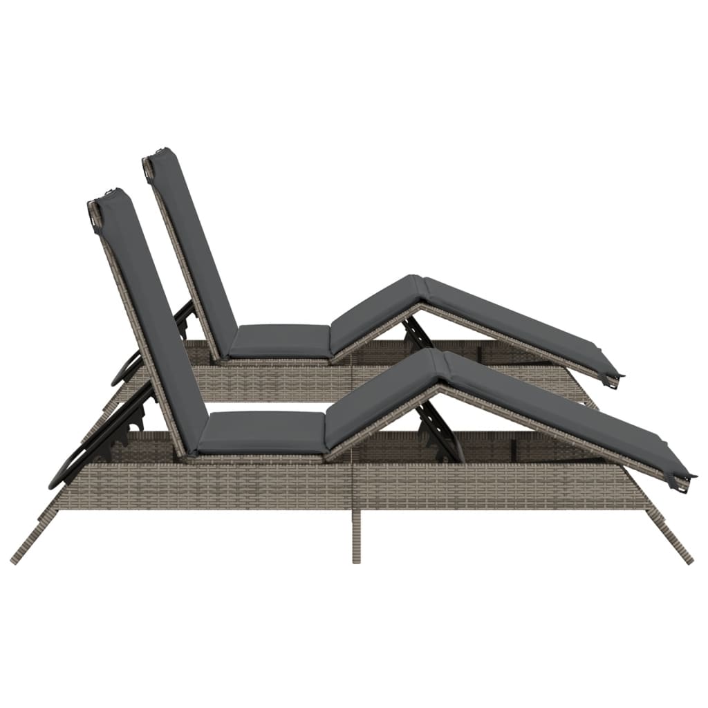 Sonnenliegen mit Auflagen 2 Stk. Grau Poly Rattan