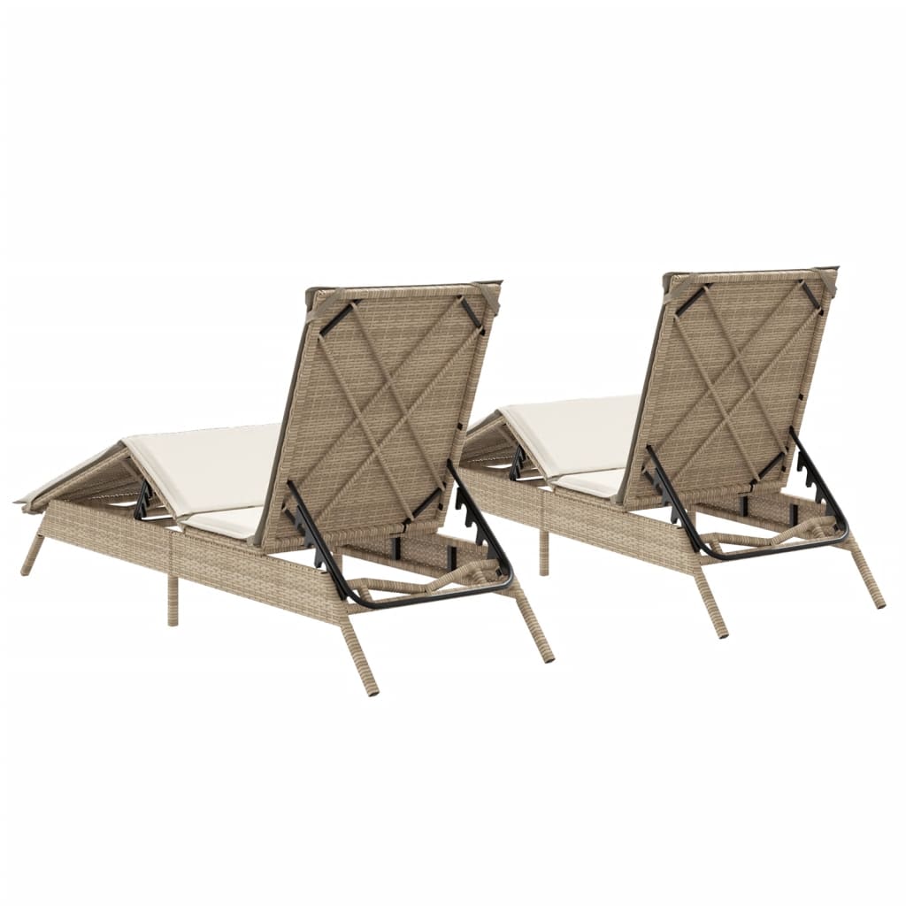 Sonnenliegen mit Auflagen 2 Stk. Beige Poly Rattan