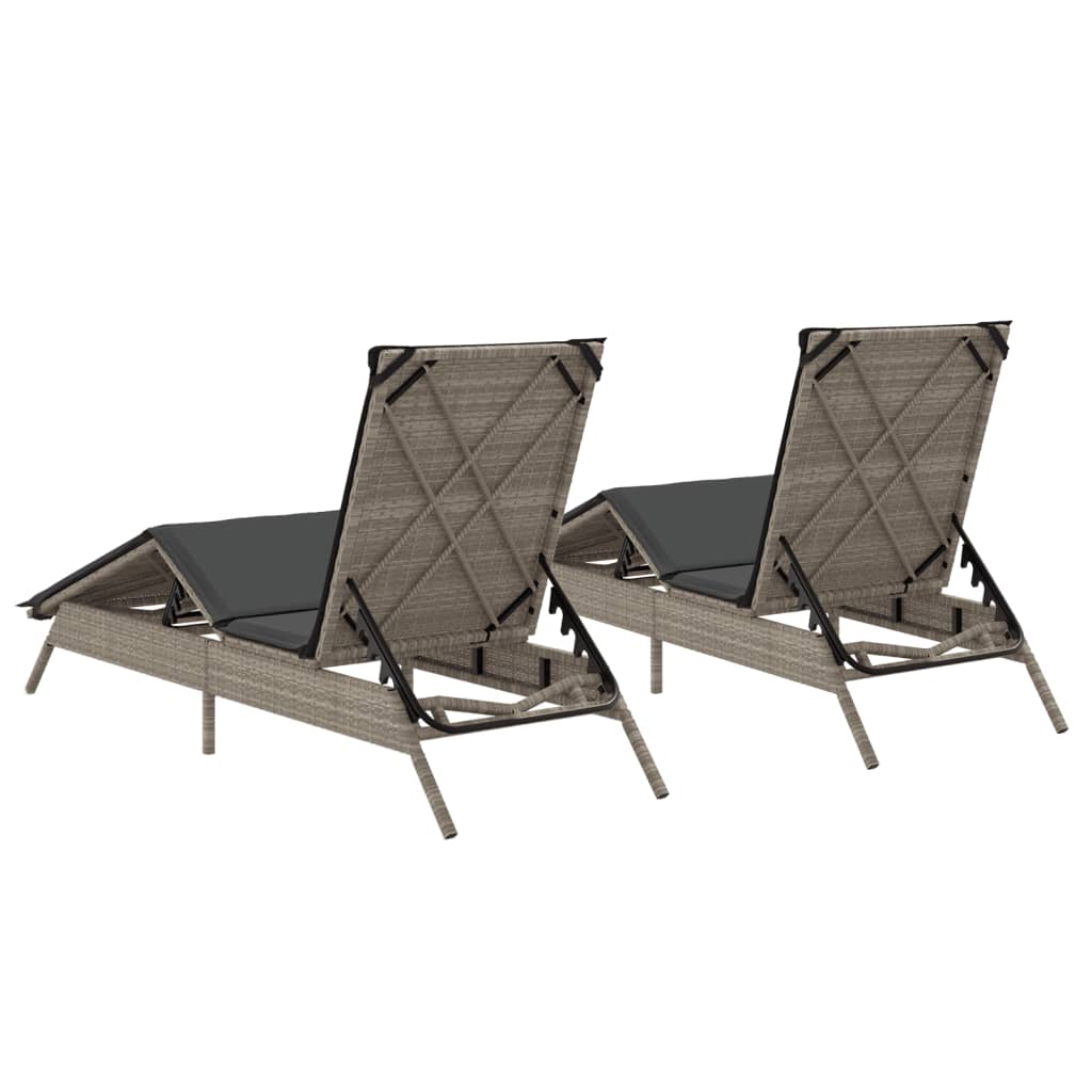 Sonnenliegen mit Auflagen 2 Stk. Hellgrau Poly Rattan