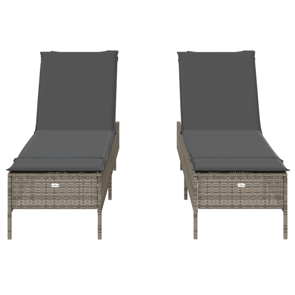 Sonnenliegen mit Auflagen 2 Stk. Grau Poly Rattan