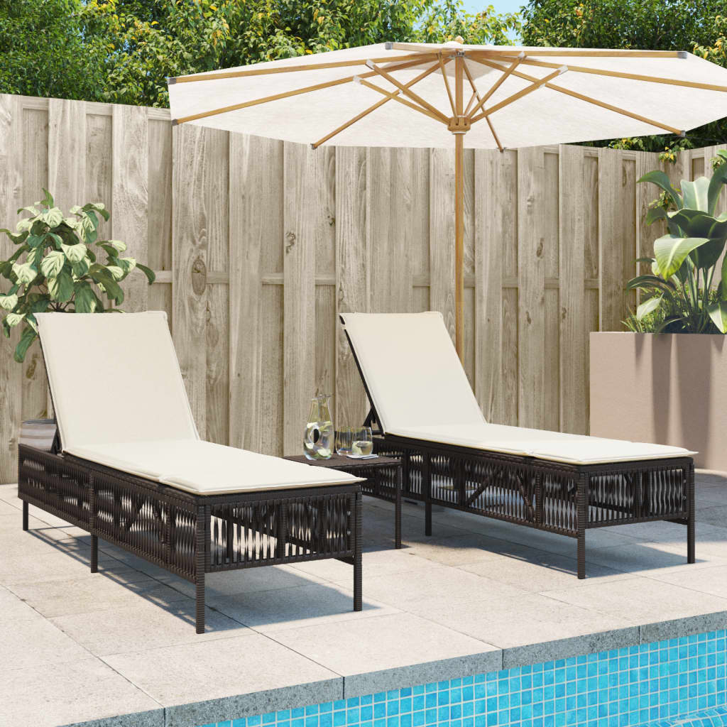 Sonnenliegen mit Auflagen 2 Stk. Braun Poly Rattan