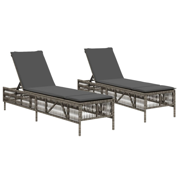 Sonnenliegen mit Auflagen 2 Stk. Grau Poly Rattan