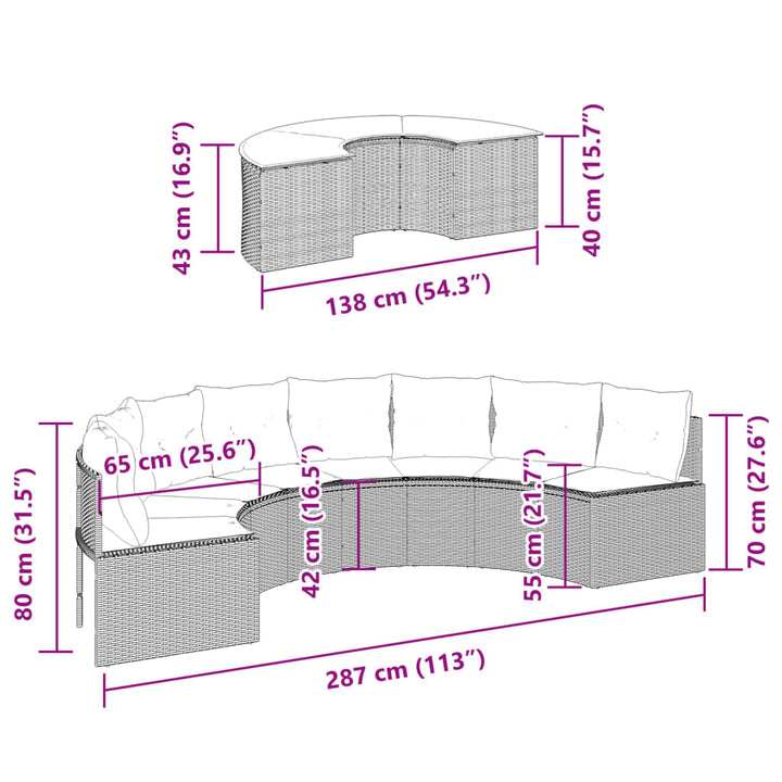 2 uds. Conjunto de sofás de jardín semicirculares de polirratán gris