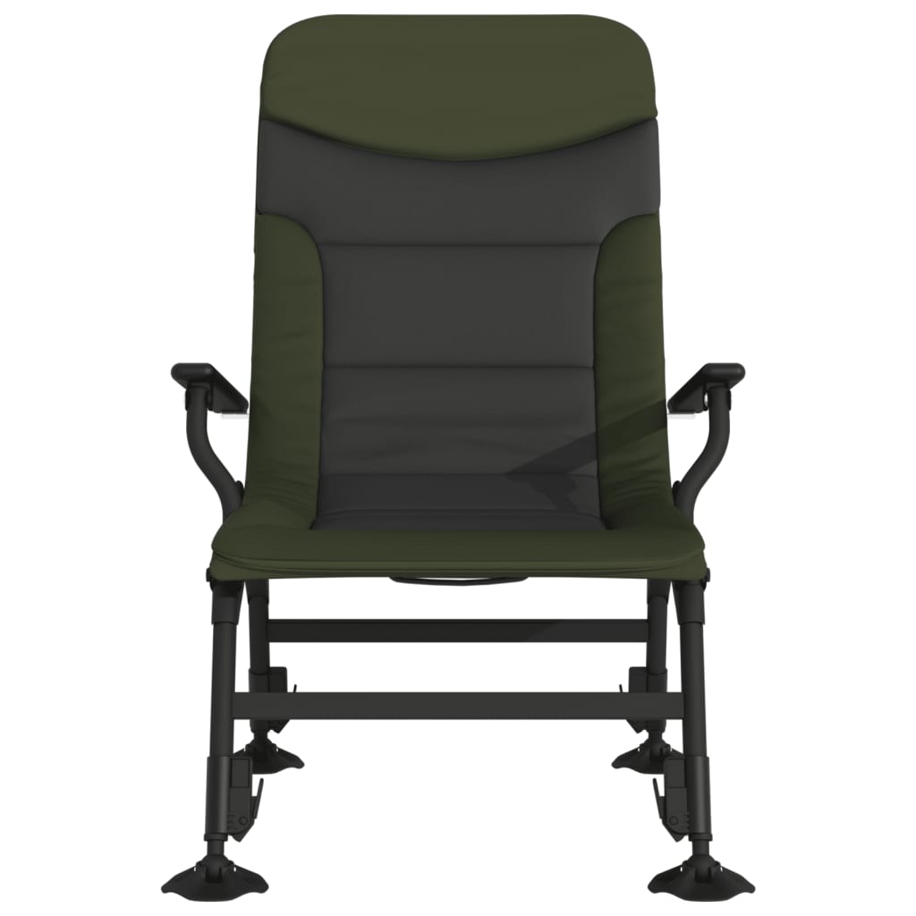 Silla de pesca con reposabrazos plegable verde.