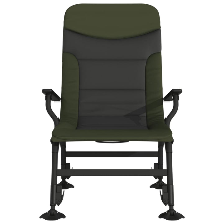 Silla de pesca con reposabrazos plegable verde.