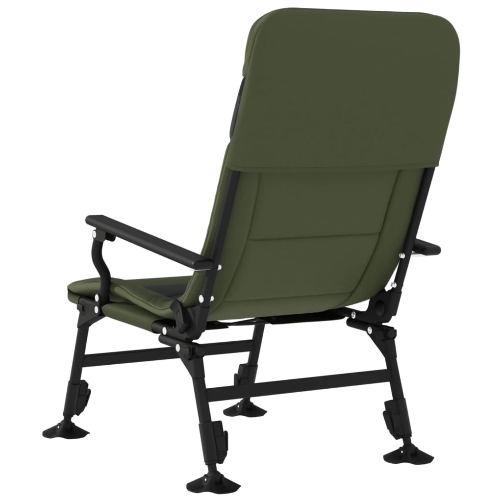 Silla de pesca con reposabrazos plegable verde.