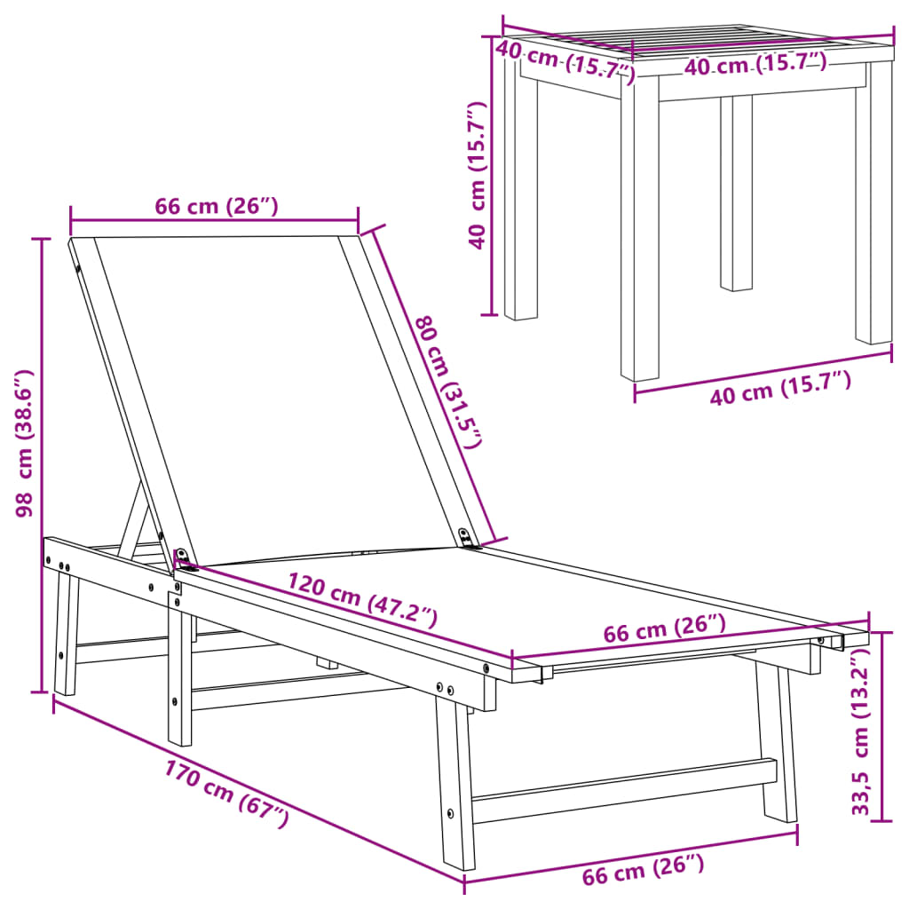 Sonnenliege mit Tisch Creme Massivholz Akazie und Textilene