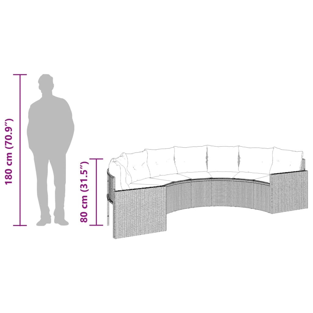 Sofá de jardín con cojines semicircular de polirratán gris