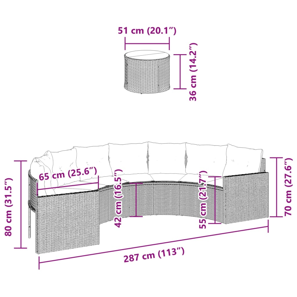 Sofá de jardín con mesa y cojines semicirculares de polirratán beige.