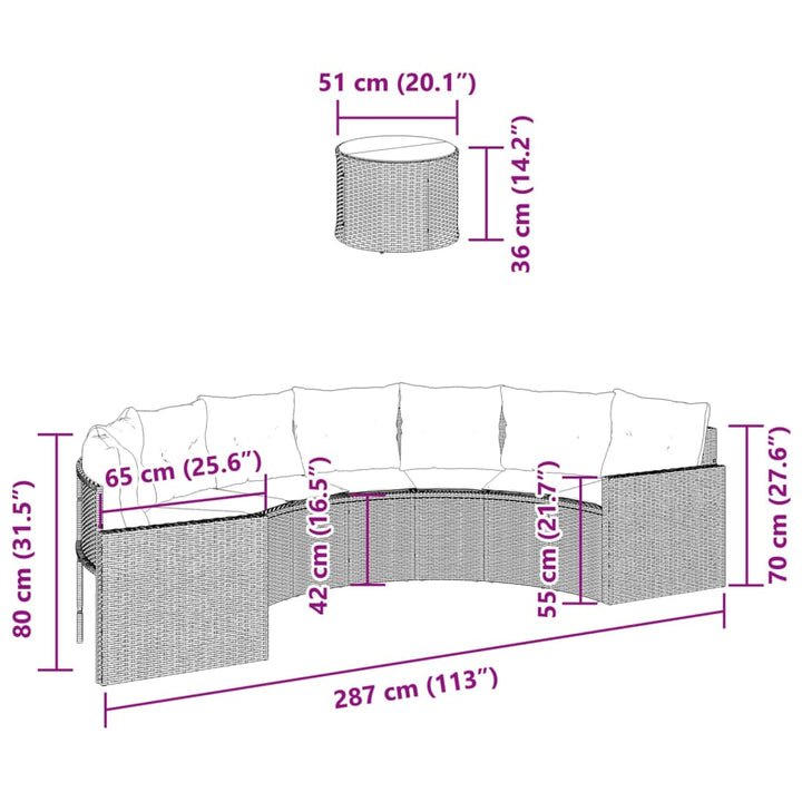 Sofá de jardín con mesa y cojines semicirculares de polirratán beige.