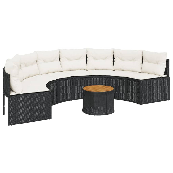 Gartensofa mit Tisch und Kissen Halbrund Schwarz Poly-Rattan