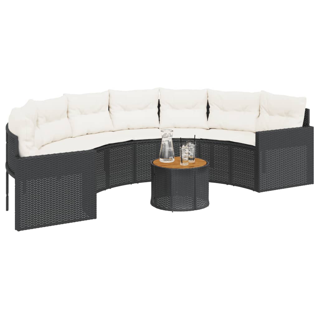 Gartensofa mit Tisch und Kissen Halbrund Schwarz Poly-Rattan