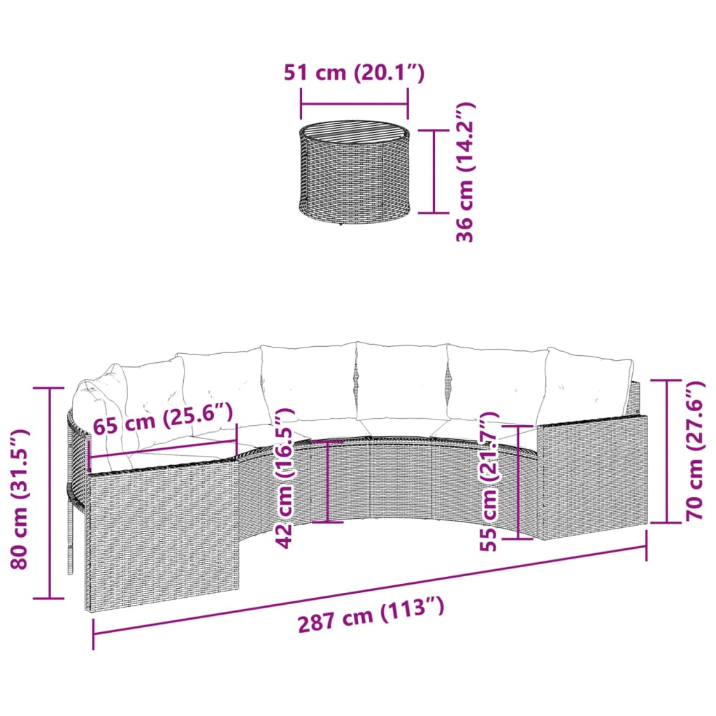 Gartensofa mit Tisch und Kissen Halbrund Schwarz Poly-Rattan