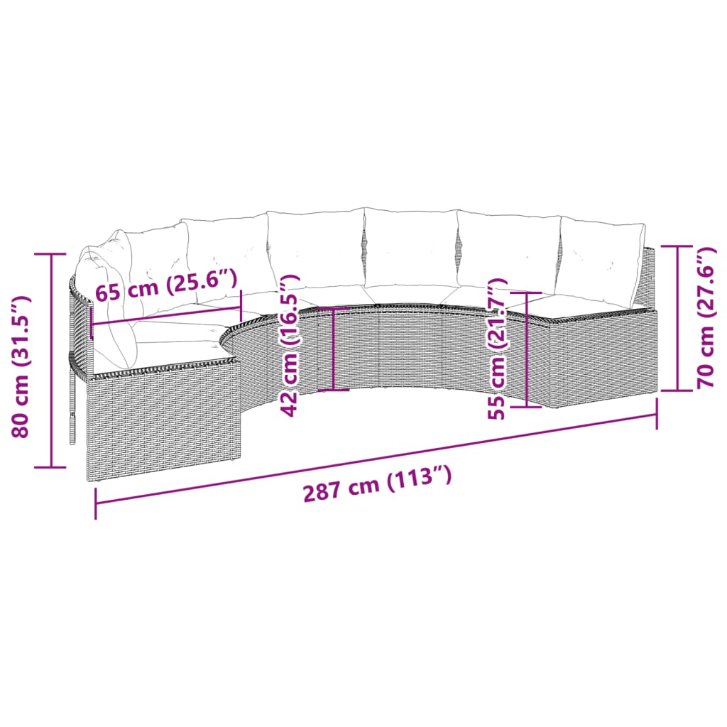 Sofá de jardín con cojines semicircular de polirratán gris