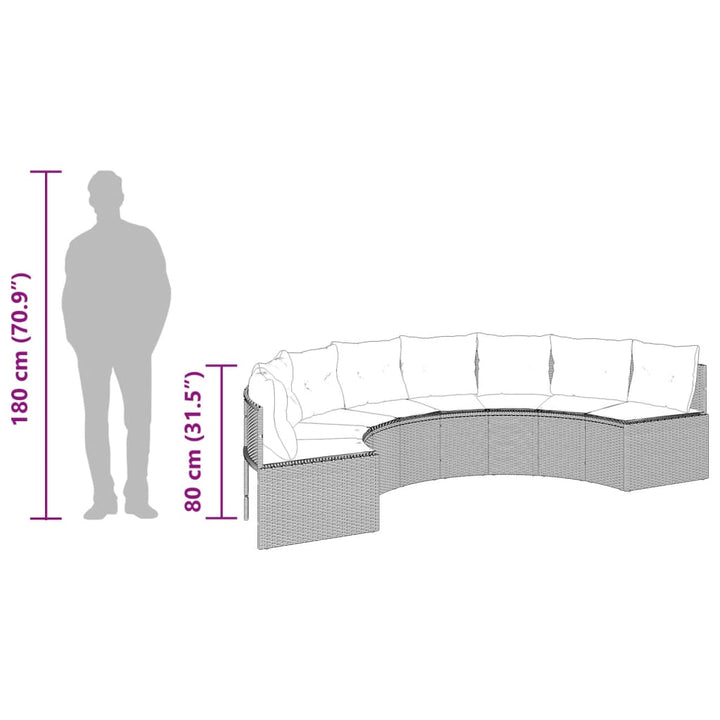 Sofá de jardín con cojines semicircular de polirratán gris