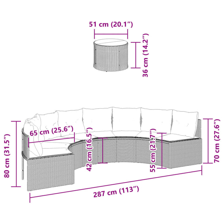 Sofá de jardín con mesa y cojines semicirculares de poliratán gris.