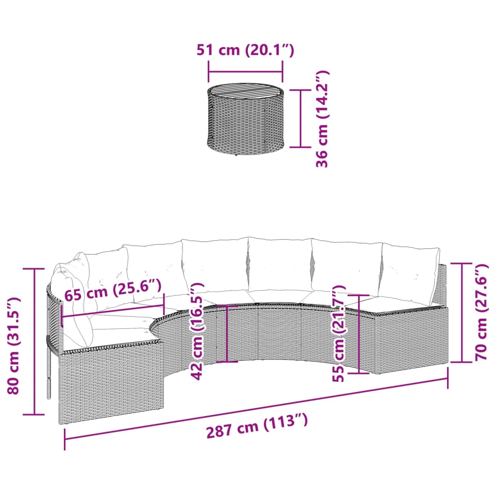 Sofá de jardín con mesa y cojines semicirculares de poliratán negro.