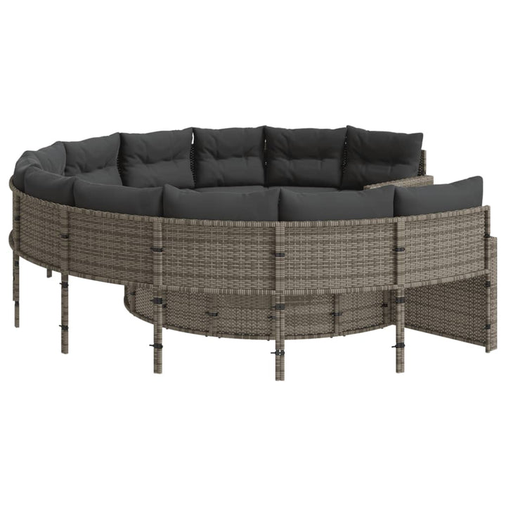 Gartensofa mit Kissen Rund Grau Poly Rattan