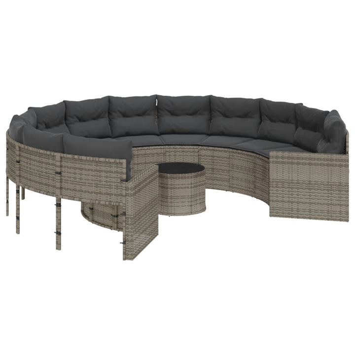 Gartensofa mit Tisch und Kissen Rund Grau Poly Rattan