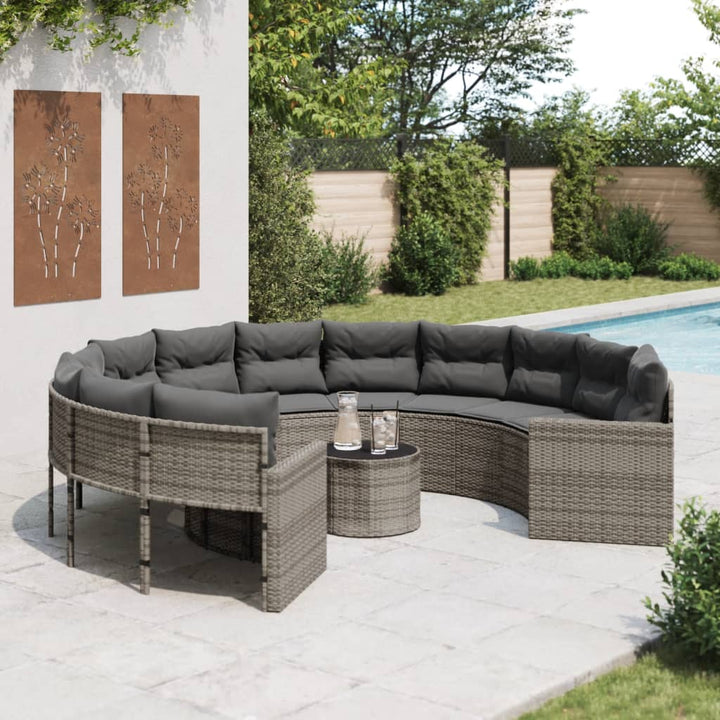 Gartensofa mit Tisch und Kissen Rund Grau Poly Rattan