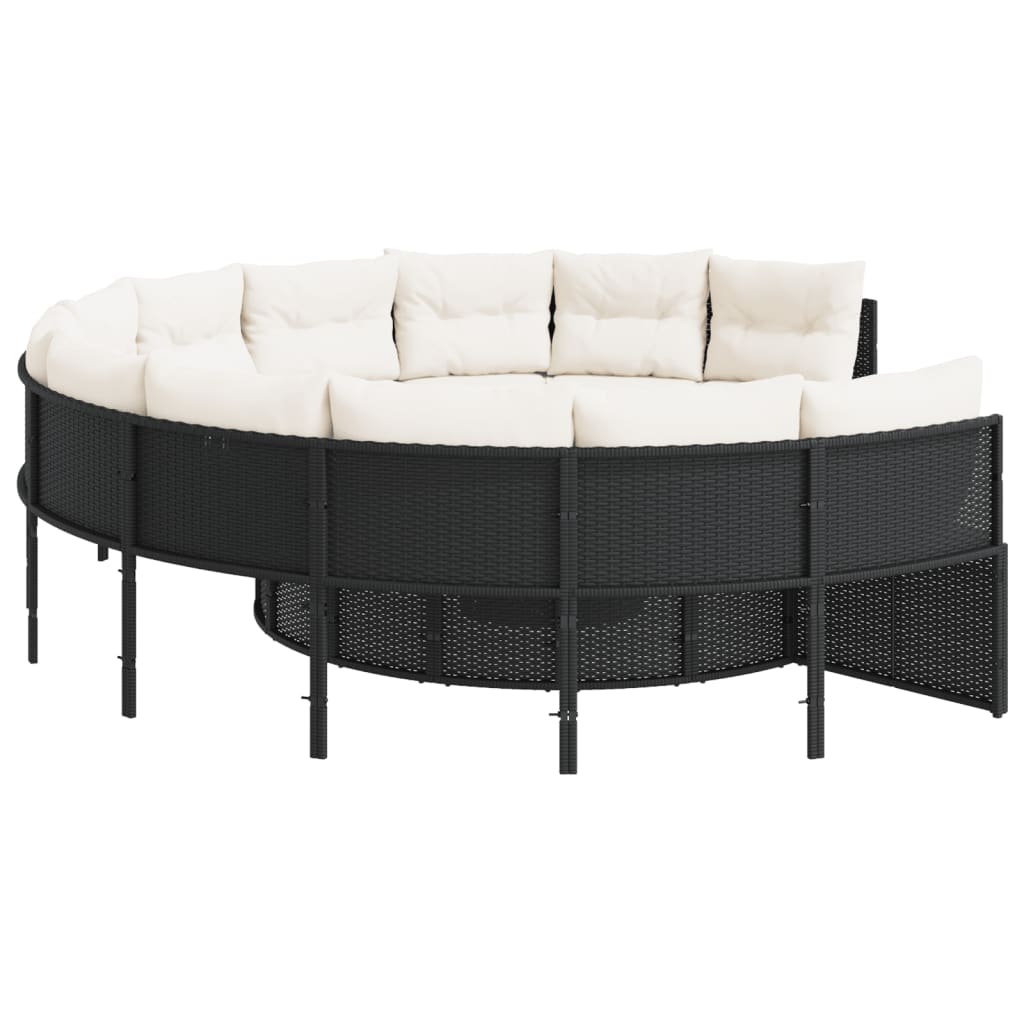 Gartensofa mit Tisch und Kissen Rund Schwarz Poly-Rattan