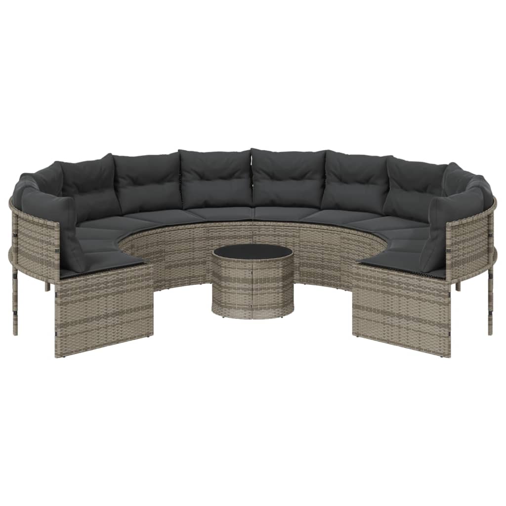 Gartensofa mit Tisch und Kissen Rund Grau Poly Rattan