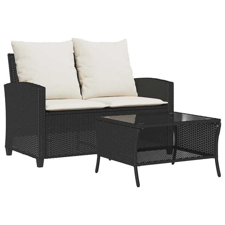 Gartensofa 2-Sitzer mit Kissen & Tisch Schwarz Poly Rattan