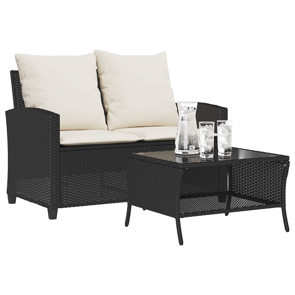 Gartensofa 2-Sitzer mit Kissen & Tisch Schwarz Poly Rattan