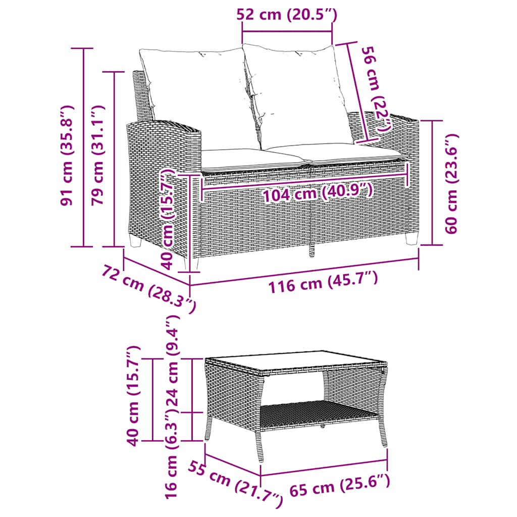 Gartensofa 2-Sitzer mit Kissen & Tisch Braun Poly Rattan