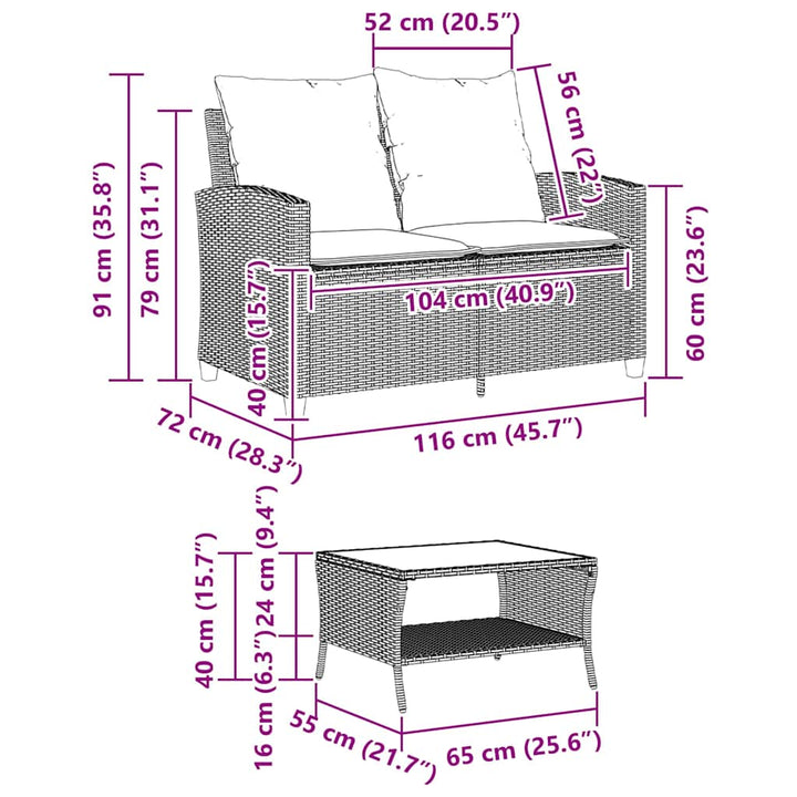 Gartensofa 2-Sitzer mit Kissen & Tisch Beige Poly Rattan