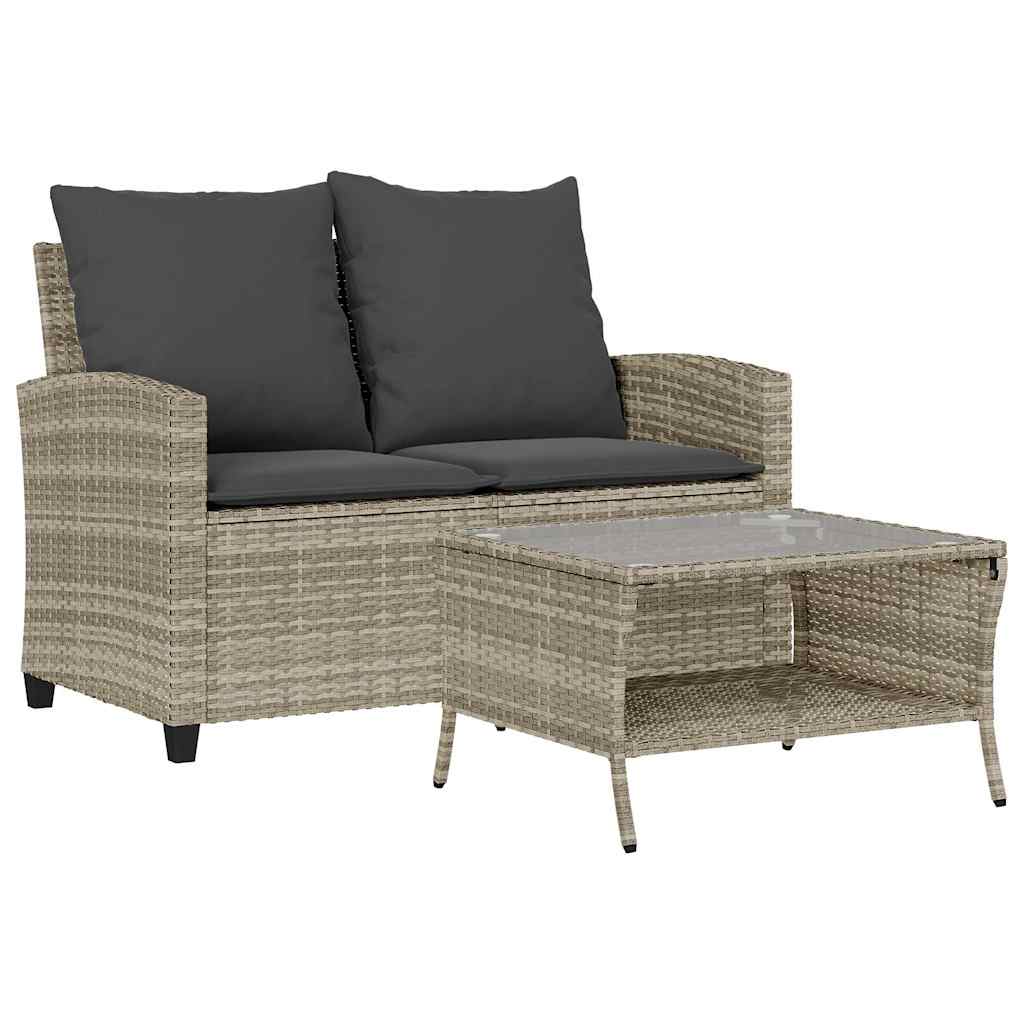 Gartensofa 2-Sitzer mit Kissen & Tisch Hellgrau Poly Rattan